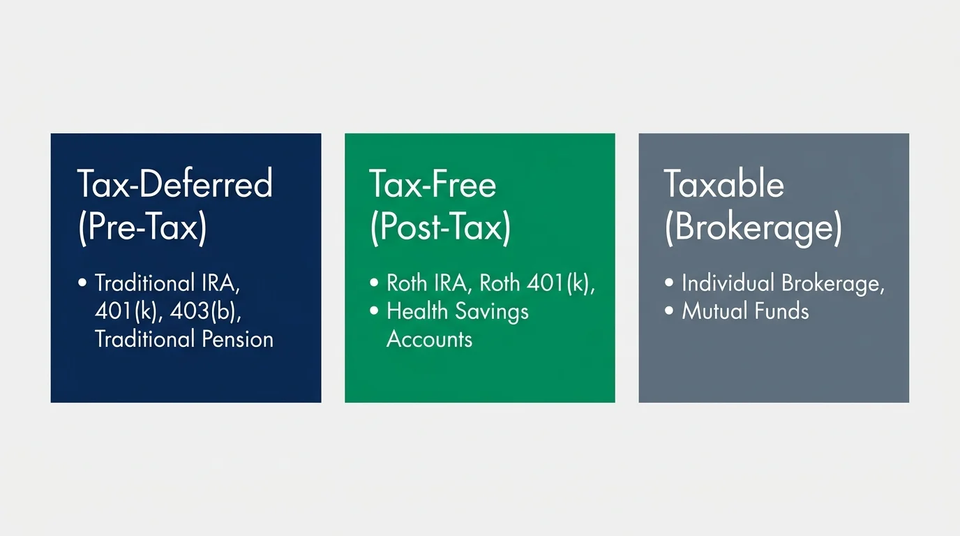 A clean, three-column financial diagram displaying Tax-Deferred, Tax-Free, and Taxable retirement income buckets.
