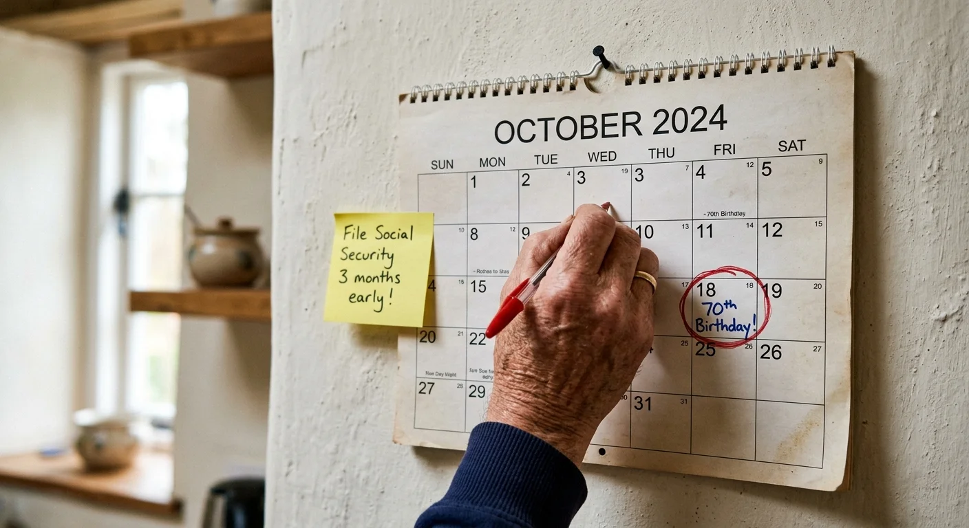 A close-up of a hand circling a 70th birthday on a calendar with a sticky note reminding them to file early.