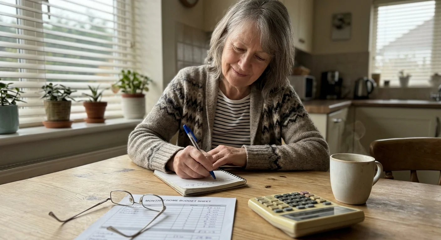 A close-up of a senior woman organizing her monthly budget at a wooden kitchen table with a calculator and coffee.