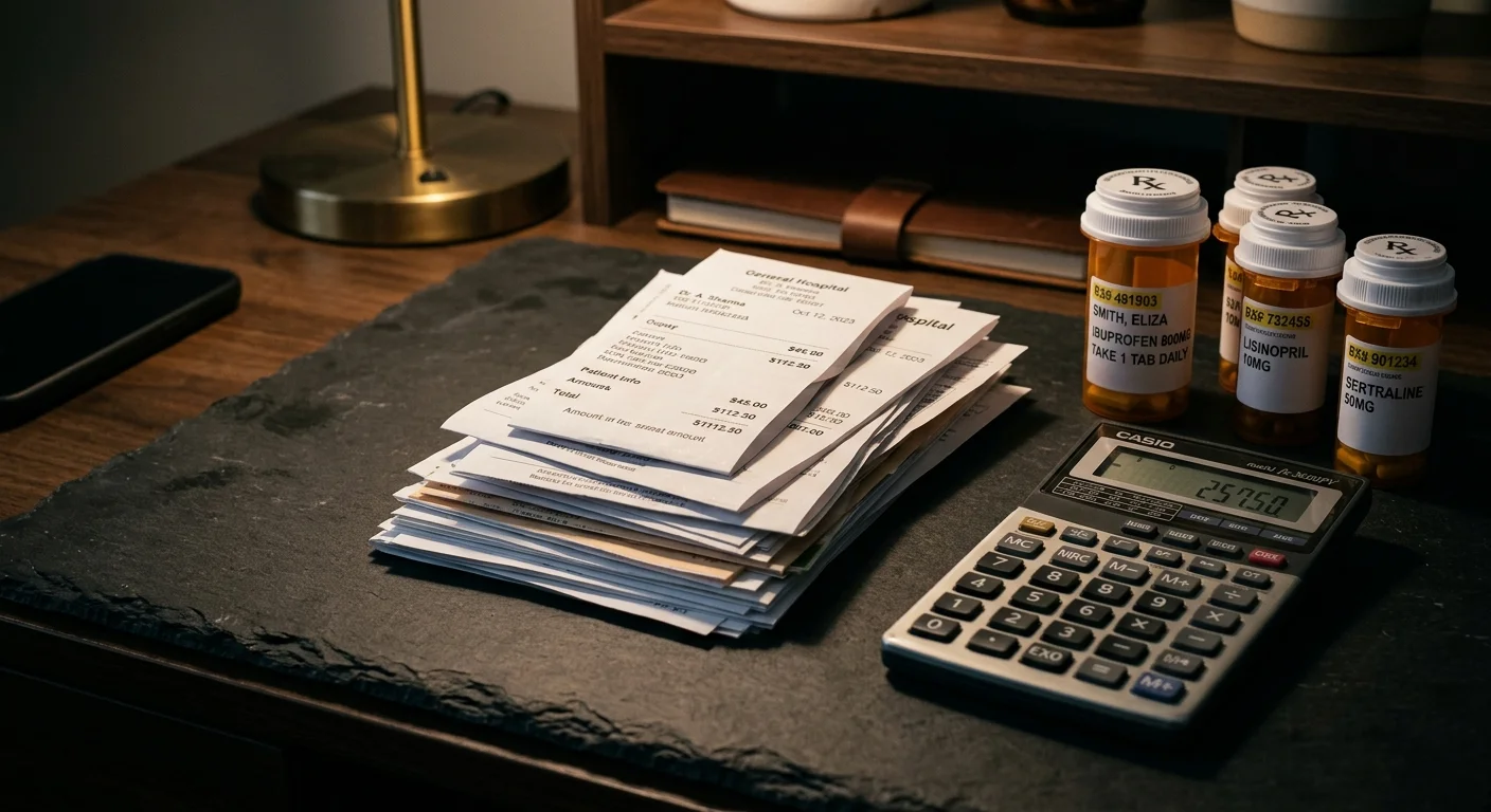 A close-up of organized medical receipts, prescription bottles, and a calculator on a desk.