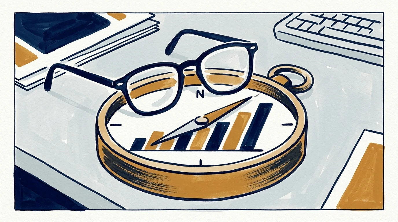A conceptual gouache illustration of a compass on a desk, with its dial shaped like an upward bar chart.