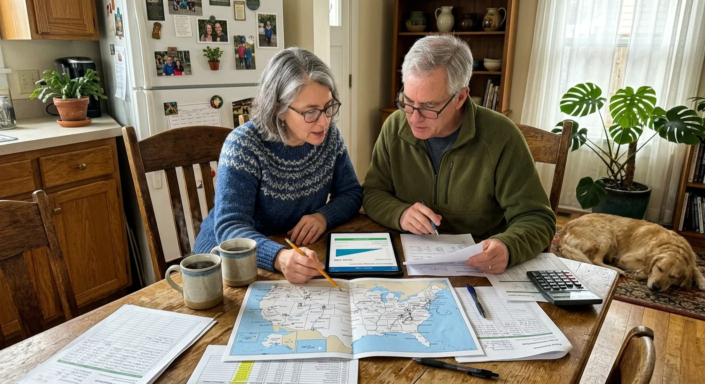 A couple at their kitchen table reviewing financial papers and a map under soft morning light.