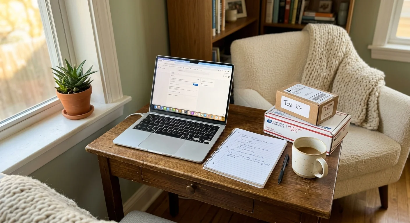 A cozy home workspace with a laptop, notebook, coffee mug, and packages on a wooden desk by a sunny window.
