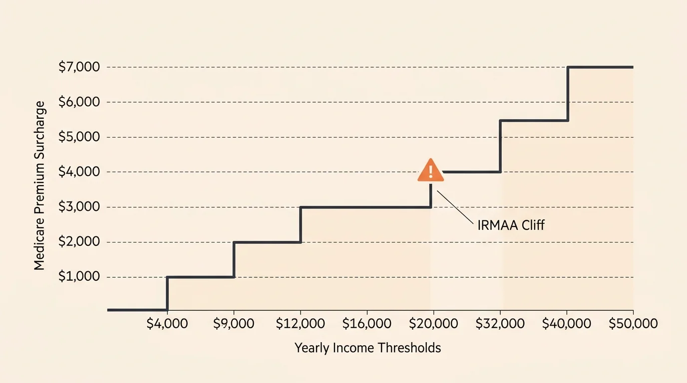 A Financial Times style step chart illustrating how Medicare premiums jump sharply at specific income cliffs.