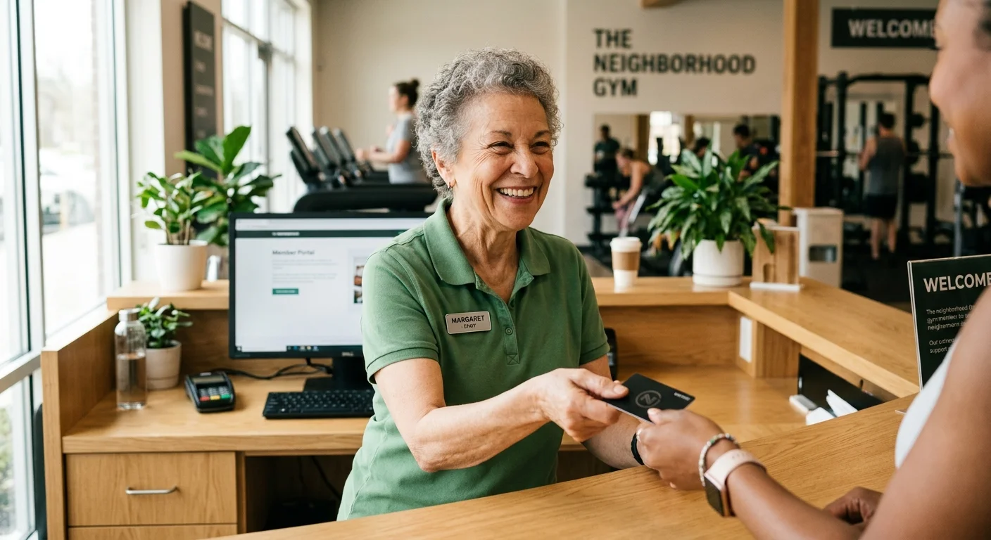 A friendly retired woman in her 70s smiling while working behind the front desk of a community fitness center.