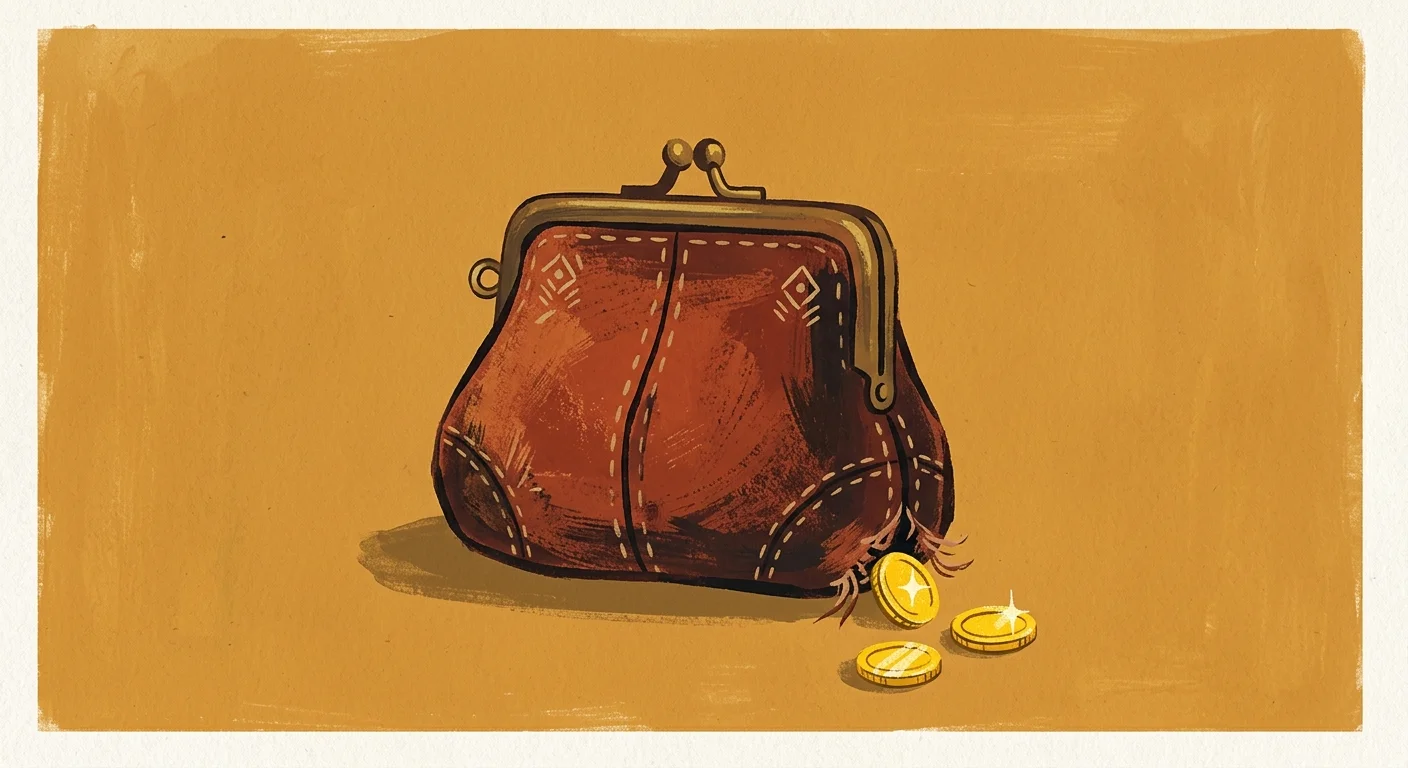 A gouache illustration of a vintage coin purse with coins slipping through a loose seam.