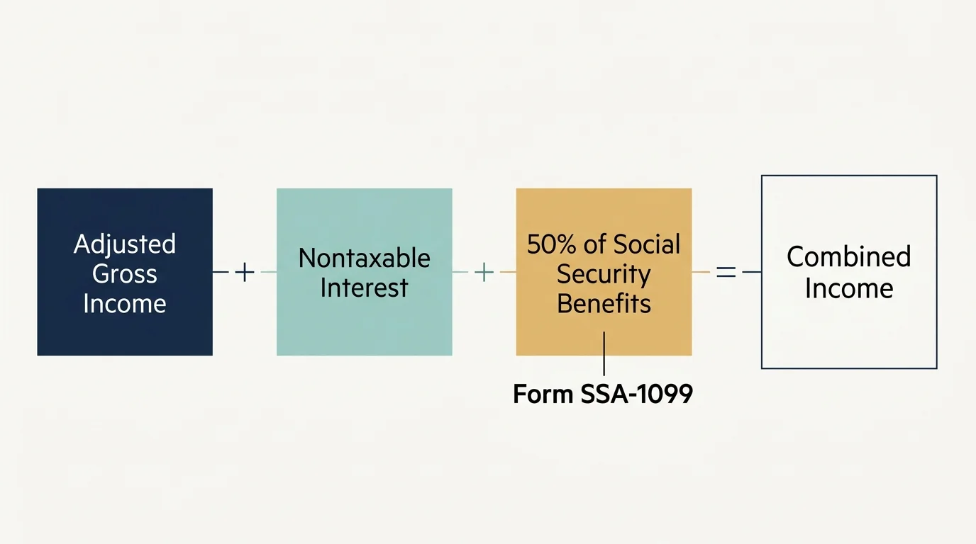 A horizontal diagram showing the components of the IRS Combined Income formula for Social Security.