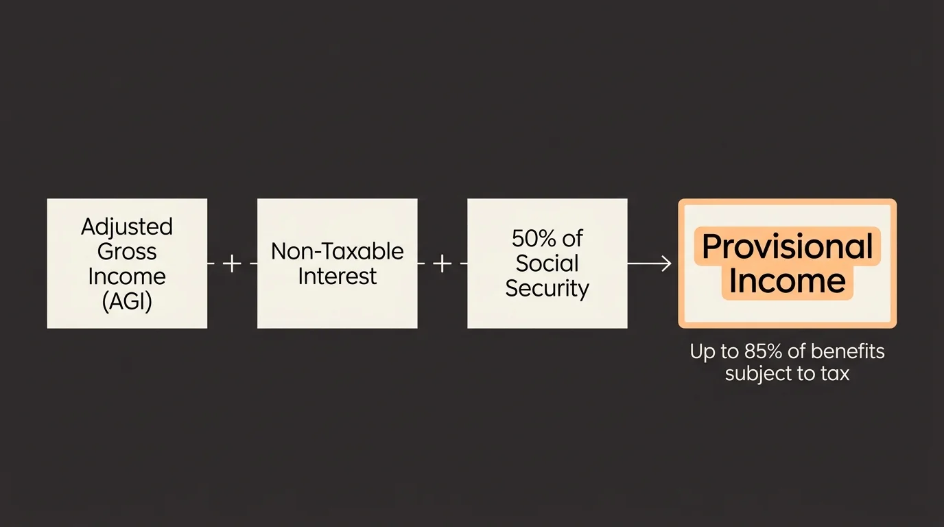 A horizontal infographic showing the addition of AGI, non-taxable interest, and half of Social Security to calculate Provisional Income.
