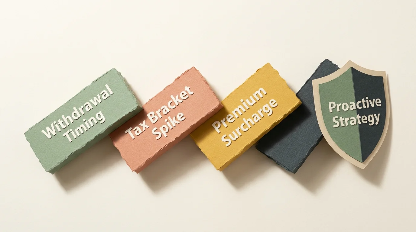 A horizontal paper-cut collage of falling dominoes labeled with retirement decisions being stopped by a protective shield.