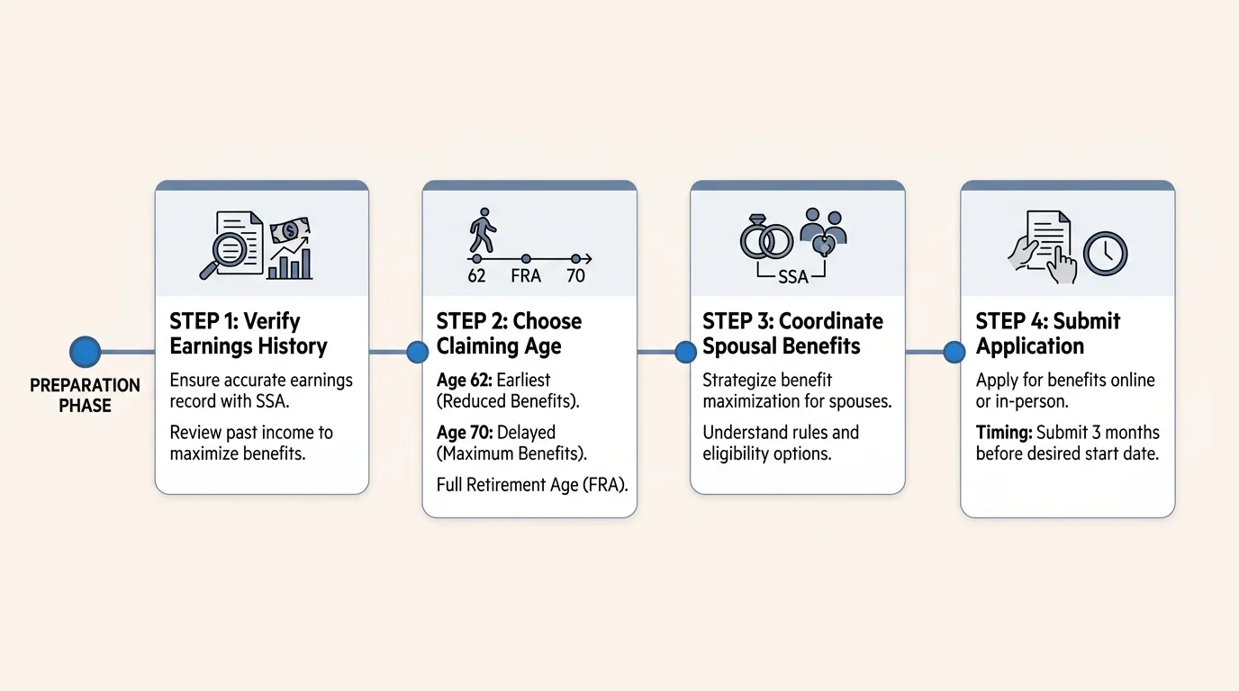 A horizontal process diagram outlining four key steps in the Social Security application timeline.