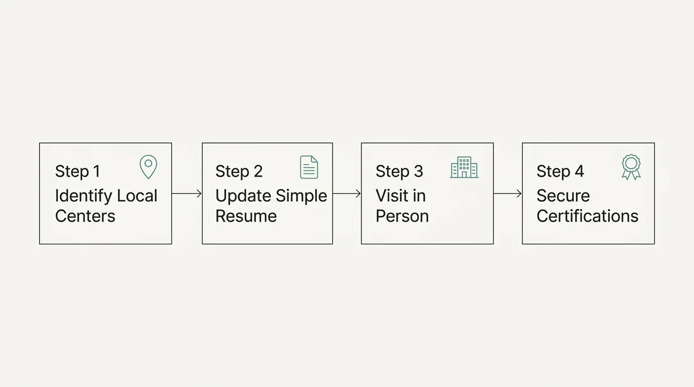 A horizontal step-by-step flowchart diagram showing the process of applying for and securing a community center job.