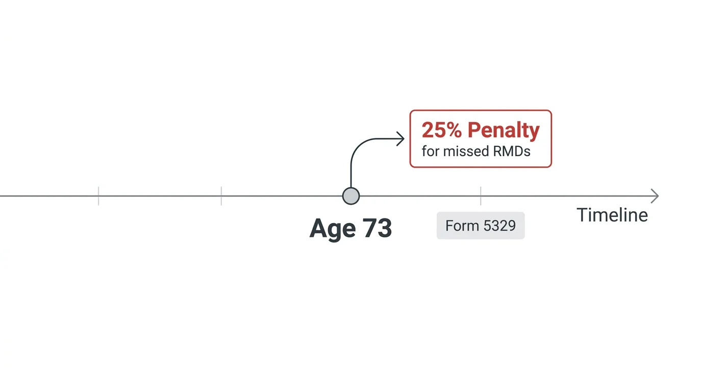 A horizontal timeline diagram illustrating the Age 73 milestone for RMDs and the 25% penalty for missing them.