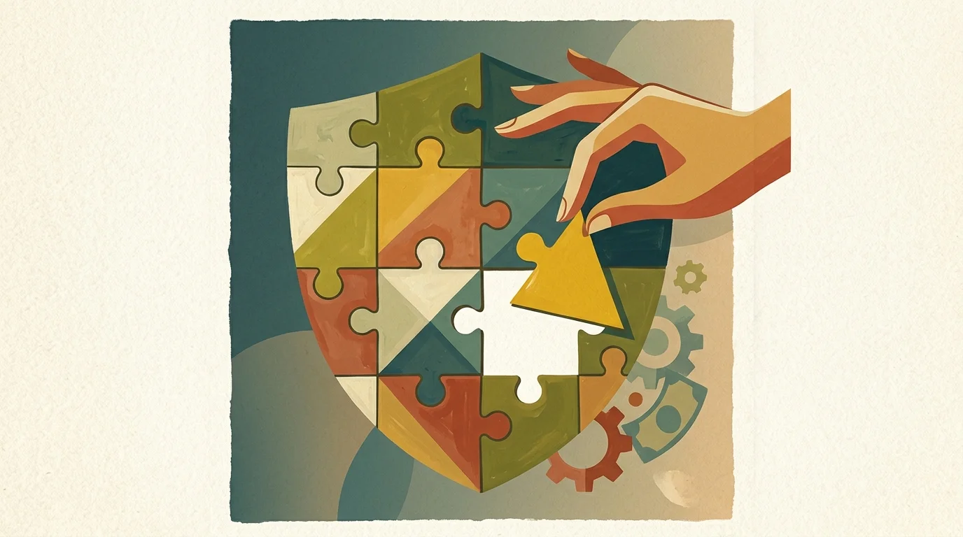 A mid-century modern gouache illustration of a geometric puzzle shield with one crucial piece missing.