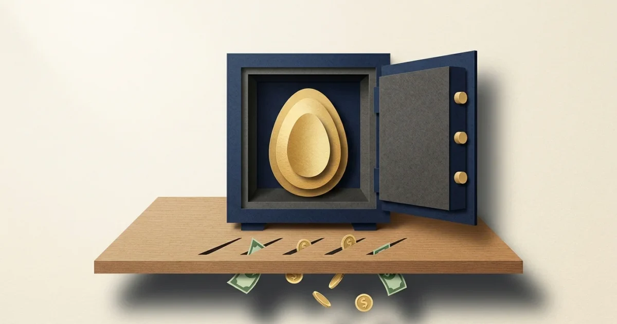 A paper-craft collage of a golden egg inside a safe with tiny paper coins leaking through small slits in the base.