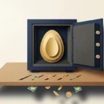A paper-craft collage of a golden egg inside a safe with tiny paper coins leaking through small slits in the base.