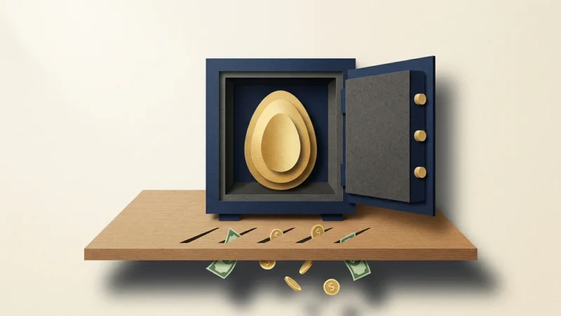 A paper-craft collage of a golden egg inside a safe with tiny paper coins leaking through small slits in the base.