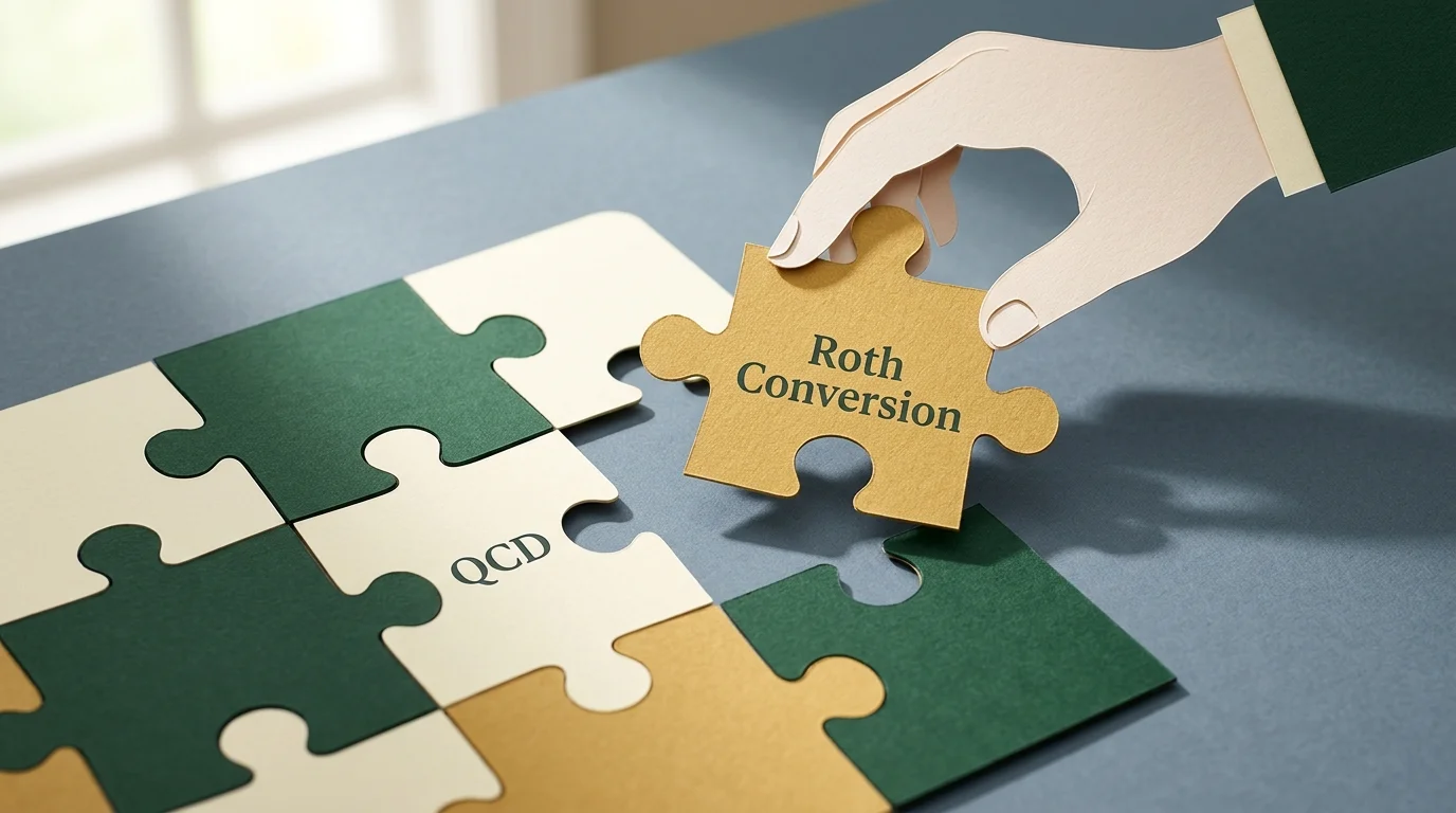 A paper-cut collage of hands fitting a puzzle piece labeled 'Roth Conversion' into a financial puzzle.