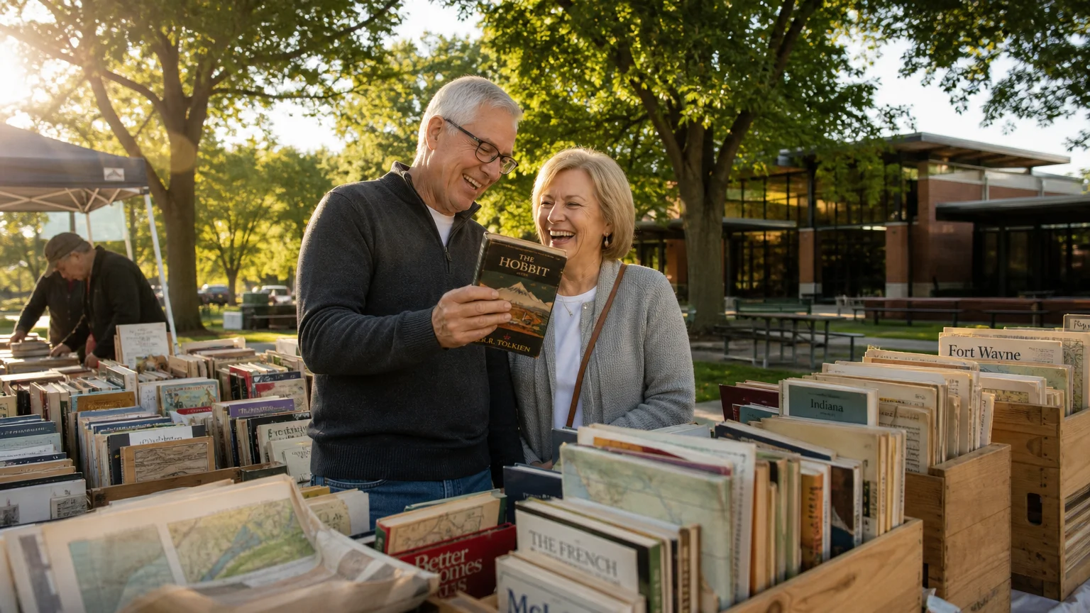 A retired couple happily browsing books at an outdoor park sale in Fort Wayne, Indiana.