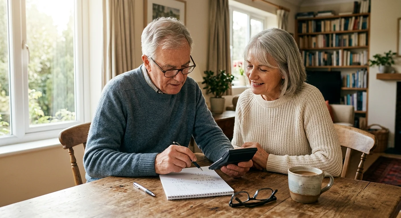 A retired couple sitting at a wooden kitchen table reviewing financial calculations together in the morning light.