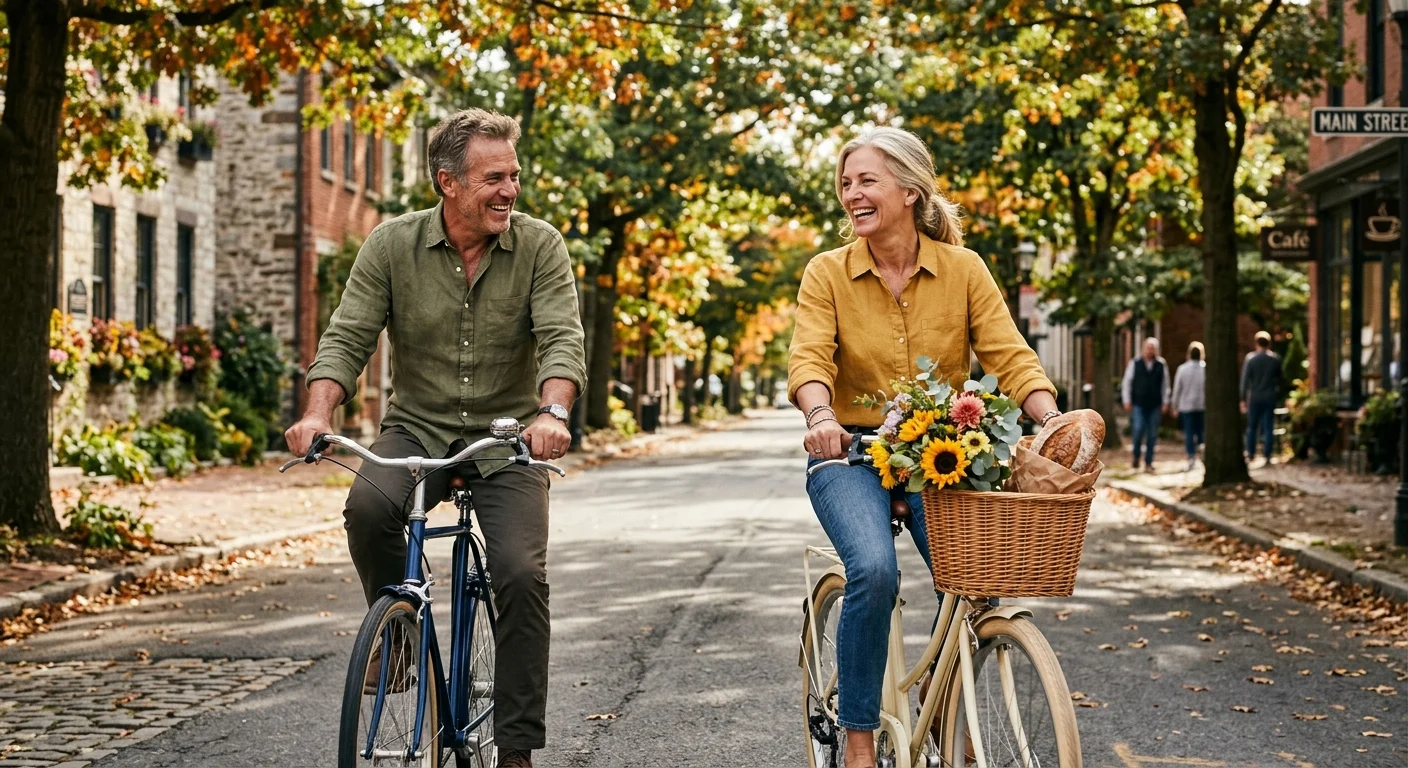 A retired couple smiling and riding bicycles down a charming, historic tree-lined street during golden hour.