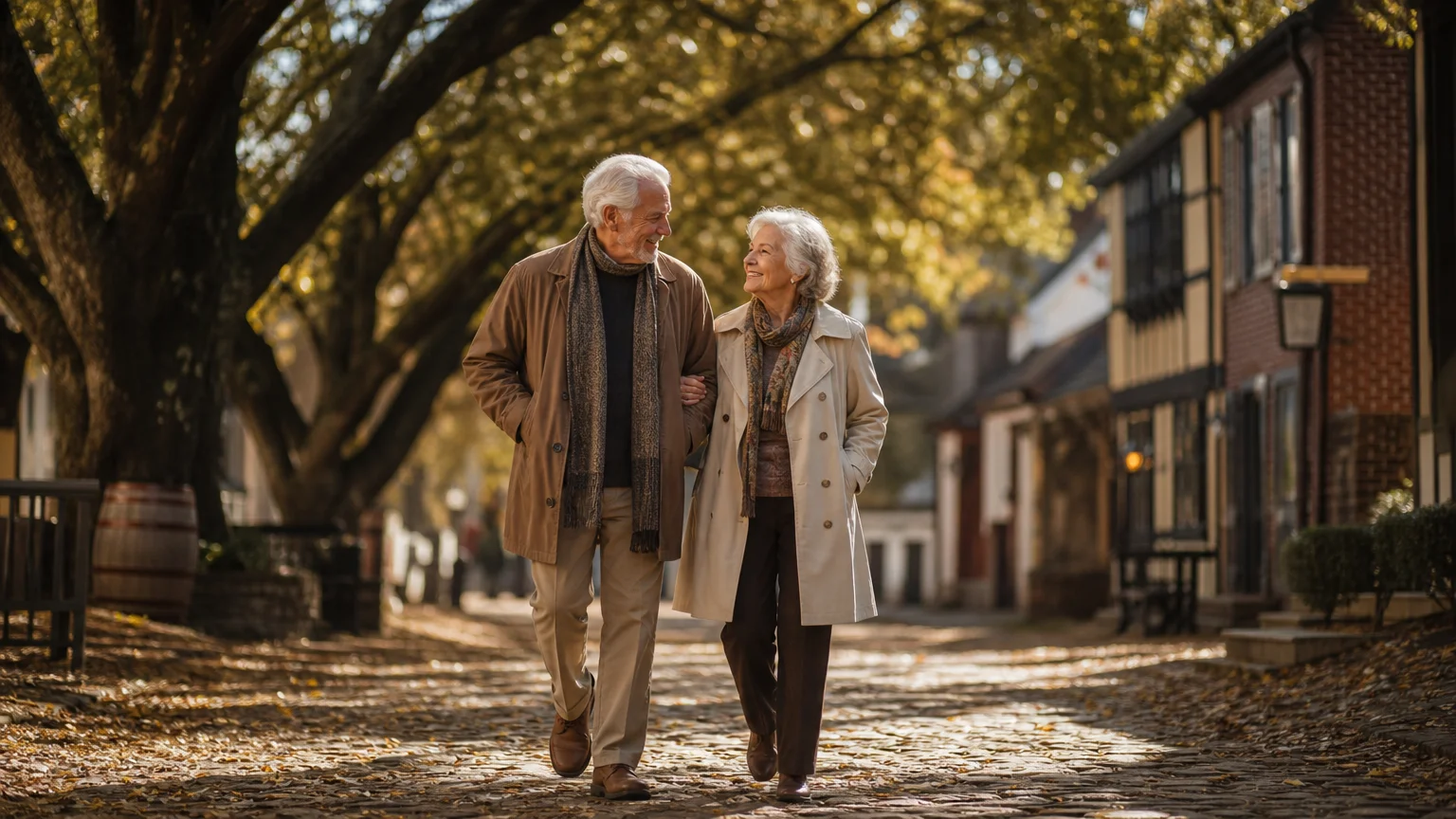 A retired couple strolling down a shaded historic cobblestone path in Old Salem, Winston-Salem.