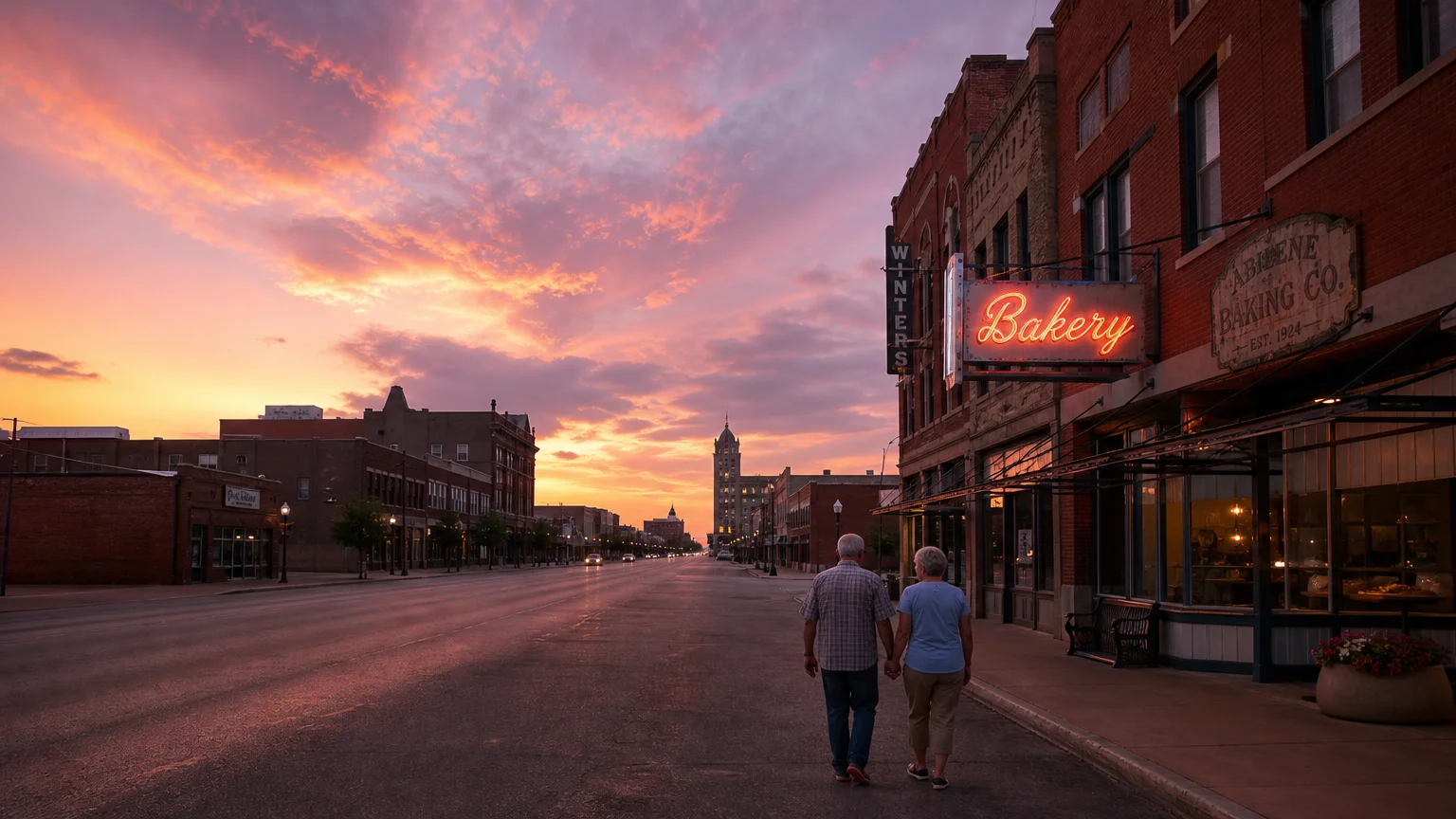 A retired couple walking in downtown Abilene, Texas, under a vibrant sunset sky.