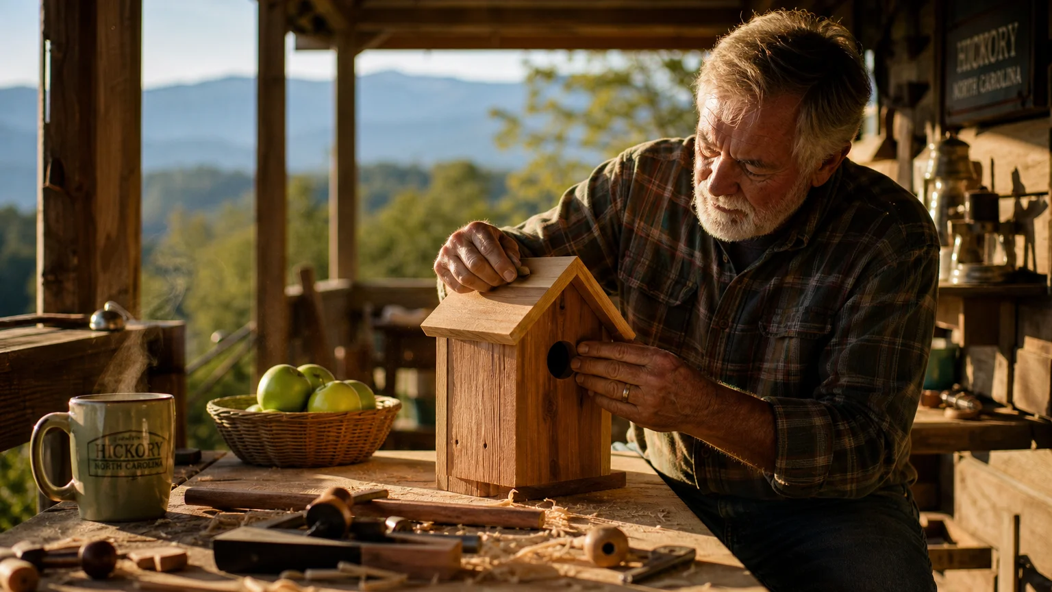 A retired man crafting a wooden birdhouse on a sunlit porch with the Blue Ridge Mountains in the background.