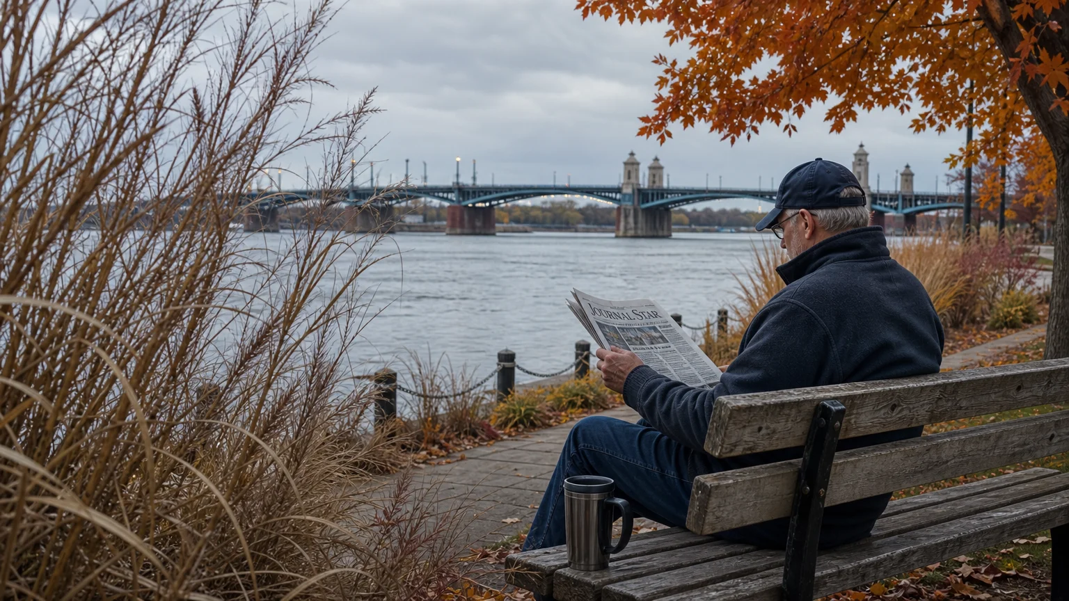 A retired man reading a newspaper on a wooden bench overlooking the riverfront in Peoria, Illinois.