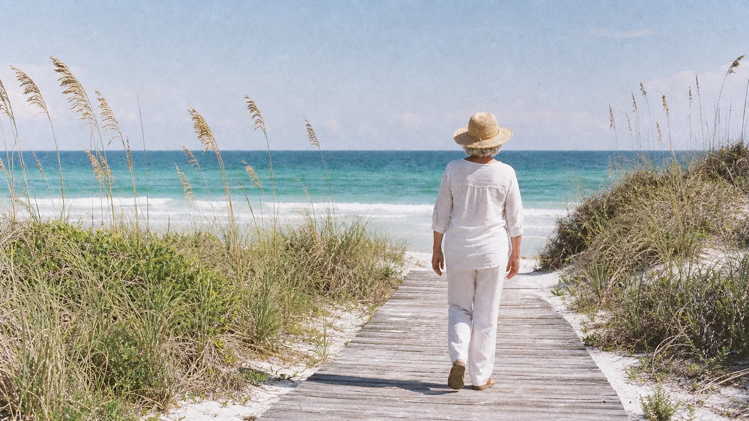 A retired woman walking along a wooden boardwalk through sand dunes in Pensacola, Florida.