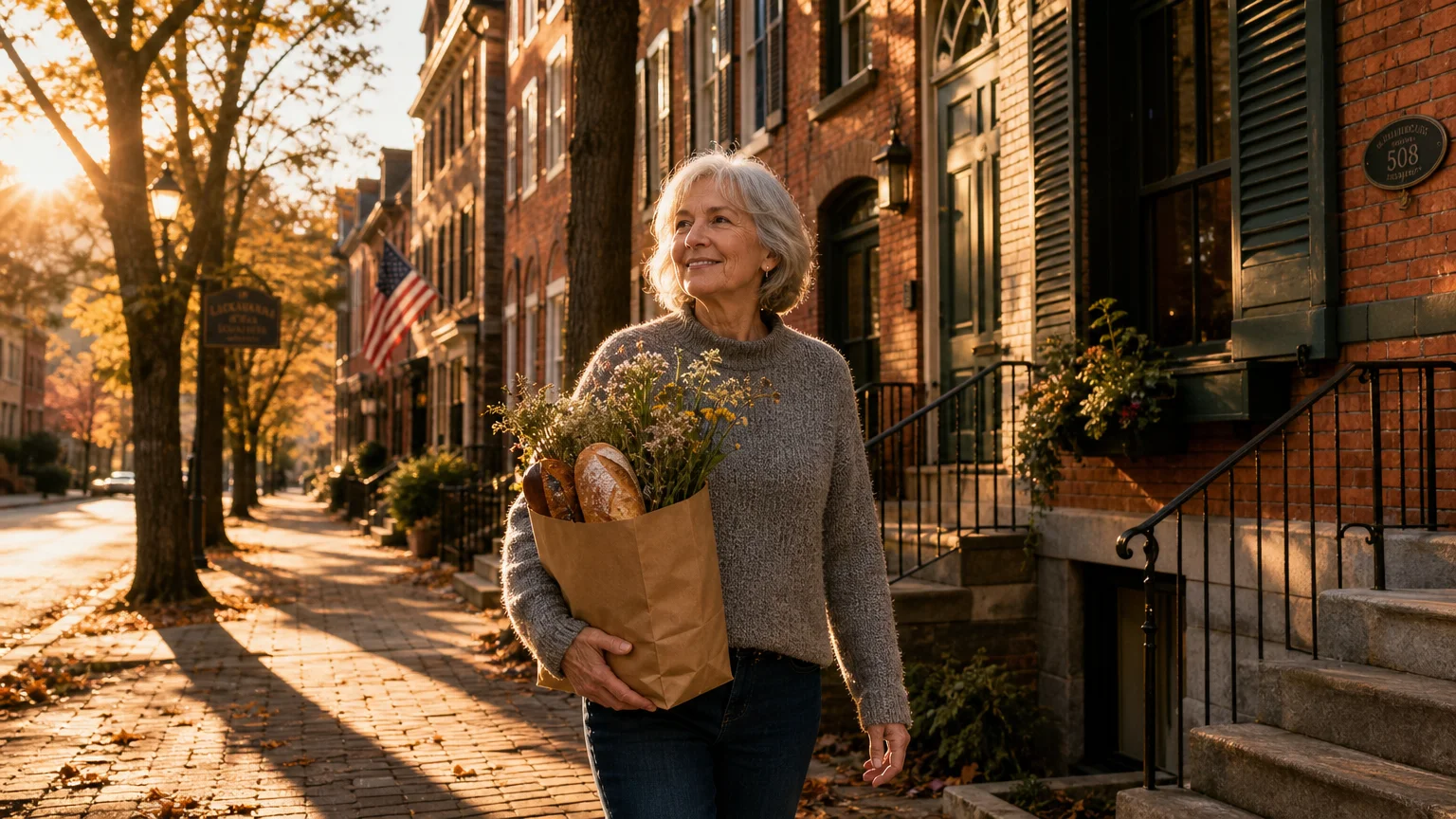 A retired woman walking down a historic street lined with brick Victorian homes in Scranton.