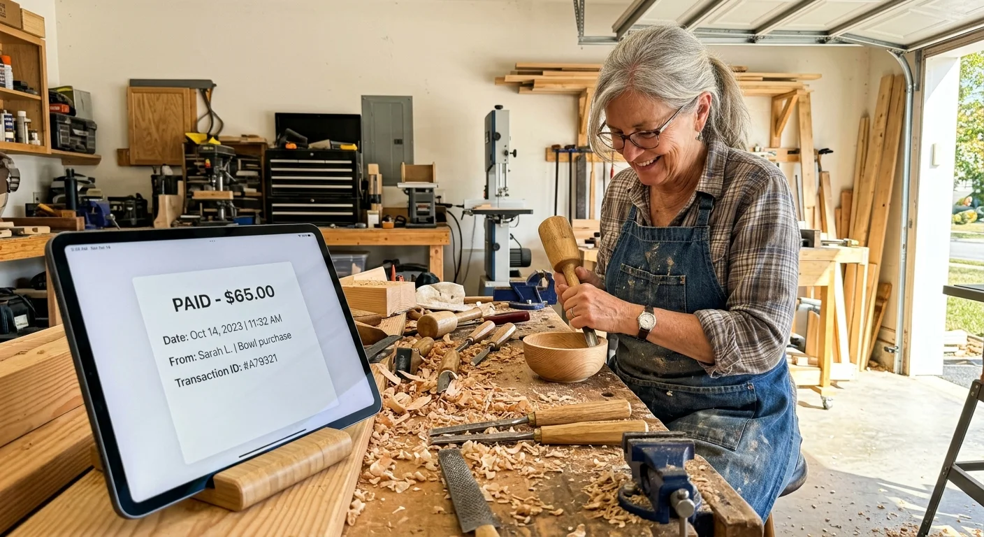 A retired woman working on a woodworking project in her garage with a payment app open nearby.