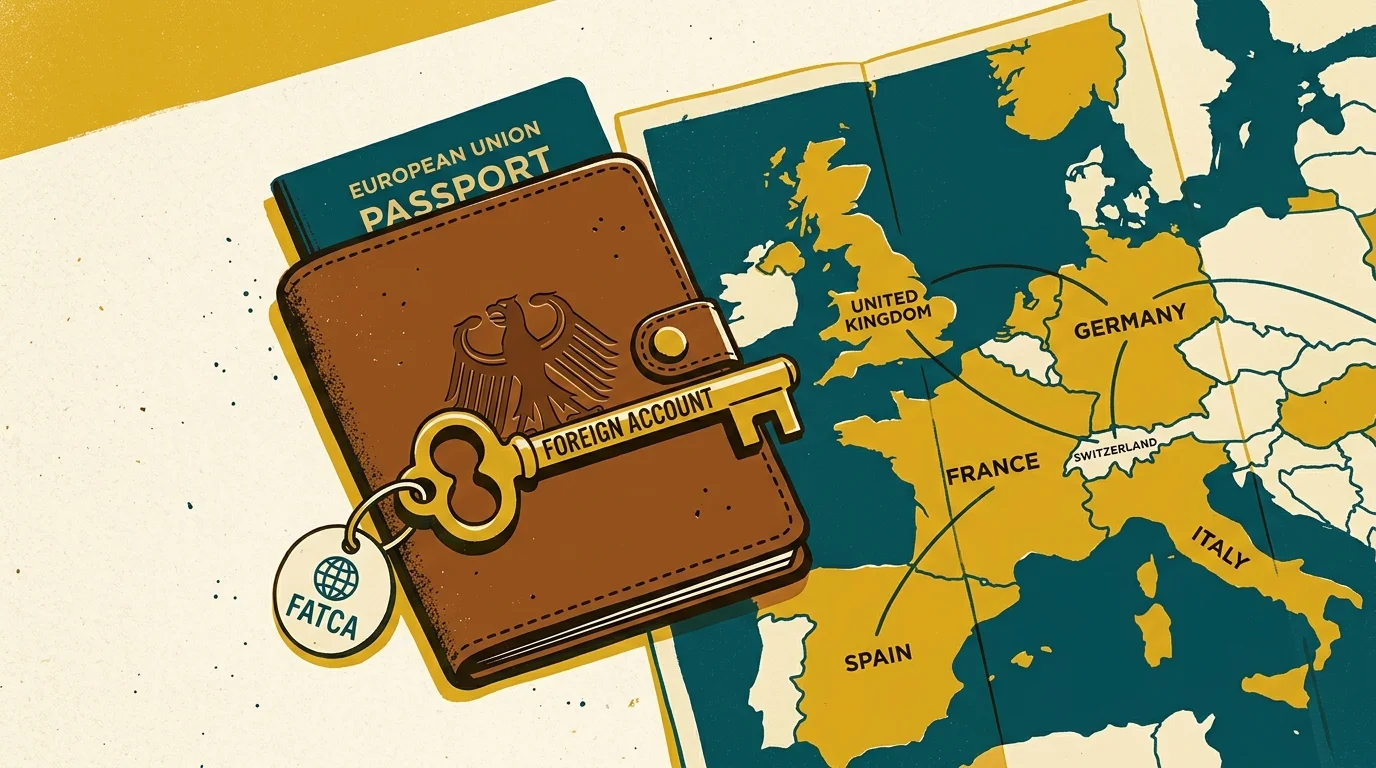 A screenprint illustration of a passport, a travel map, and a key labeled 'Foreign Account'.