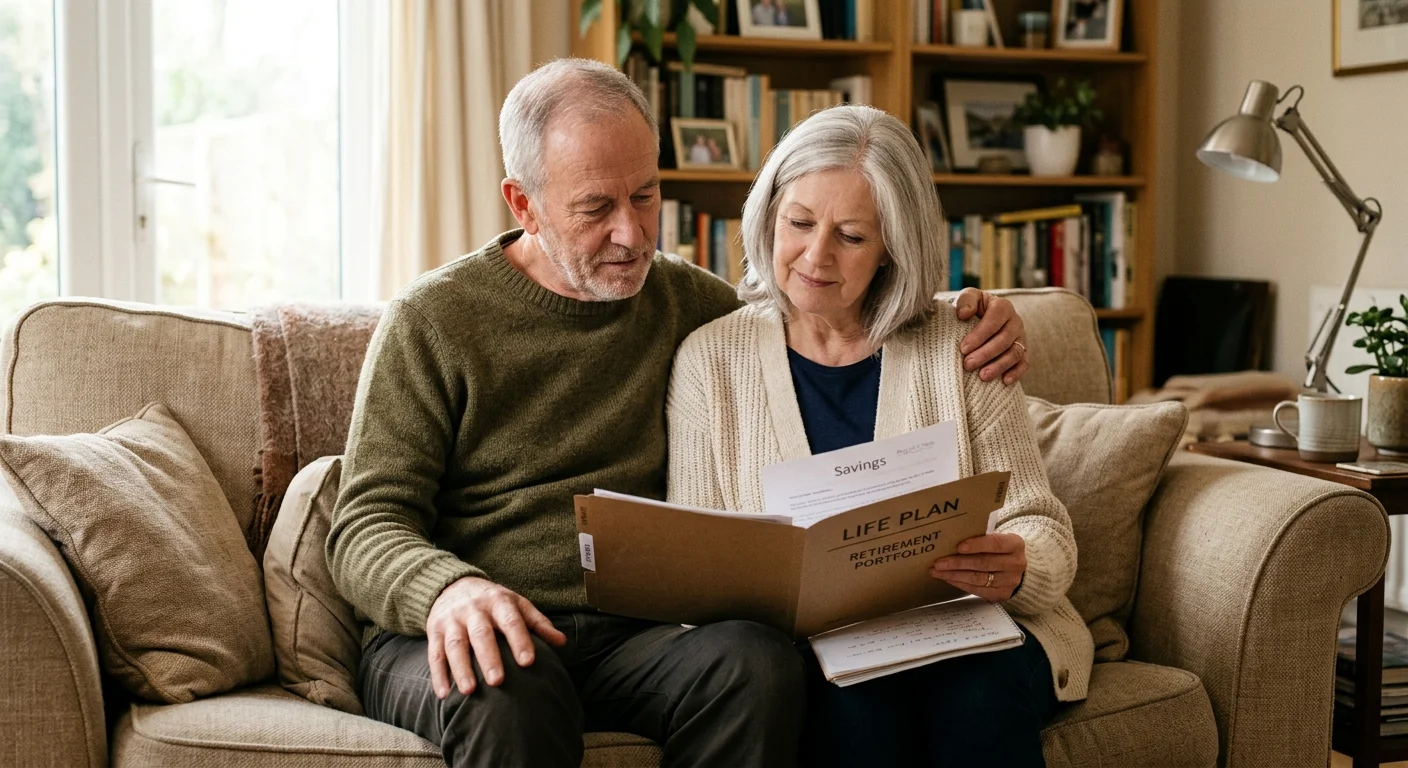 A senior couple sitting together on a sofa, looking thoughtfully at retirement documents in a sunlit living room.