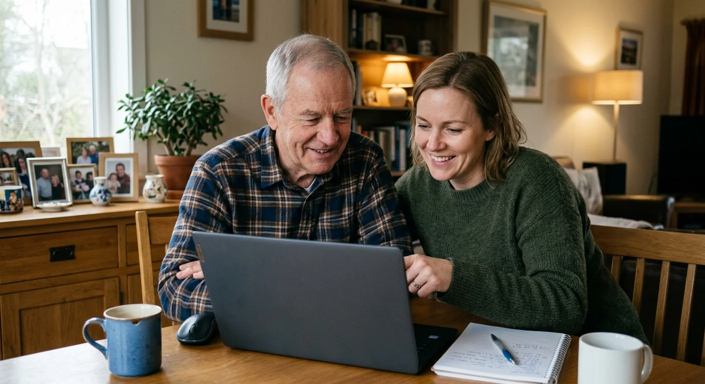A senior man and his daughter smiling while looking at a laptop screen together at a dining table.