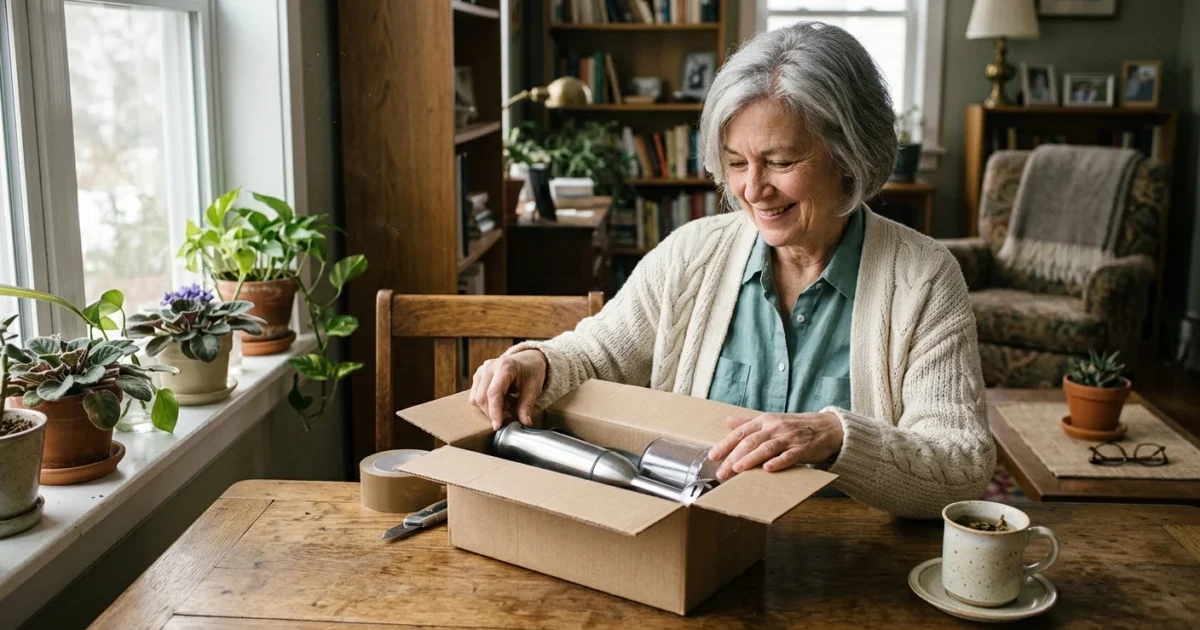 A smiling retired woman happily unboxing a package with a new kitchen gadget at her sunlit wooden dining table.