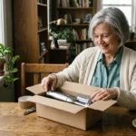 A smiling retired woman happily unboxing a package with a new kitchen gadget at her sunlit wooden dining table.