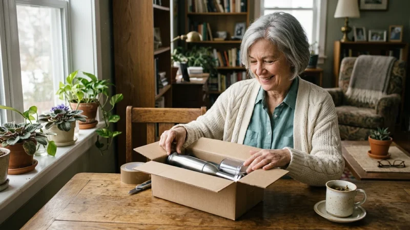 A smiling retired woman happily unboxing a package with a new kitchen gadget at her sunlit wooden dining table.