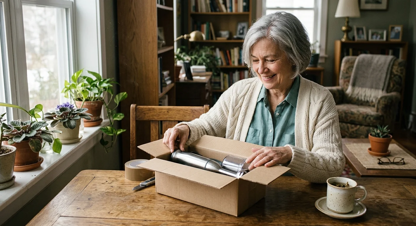 A smiling retired woman happily unboxing a package with a new kitchen gadget at her sunlit wooden dining table.