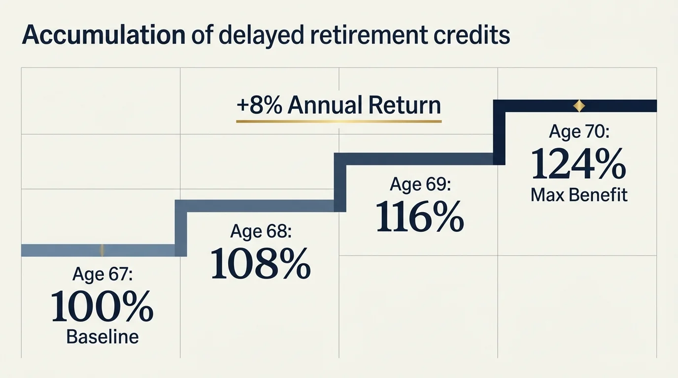 A step chart from age 67 to 70 showing retirement benefits growing by 8% annually up to 124%.
