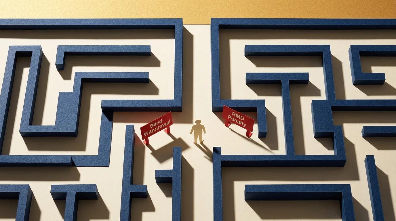 A top-down paper maze showing a figure navigating paths, with some blocked by signs reading RMD Penalty and Blind Withdrawal.