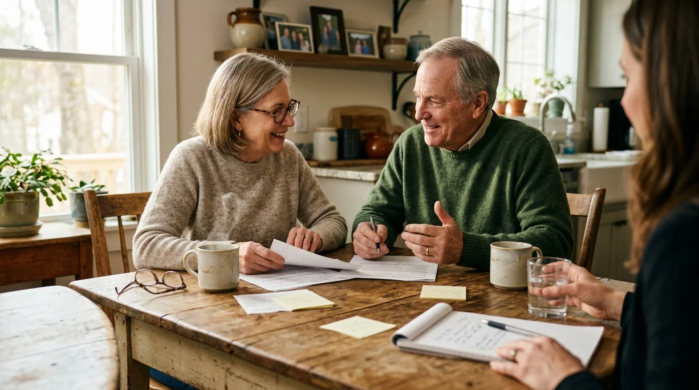 A warm, natural photo of a mature couple sitting at their kitchen table, relaxed and talking with a financial advisor.