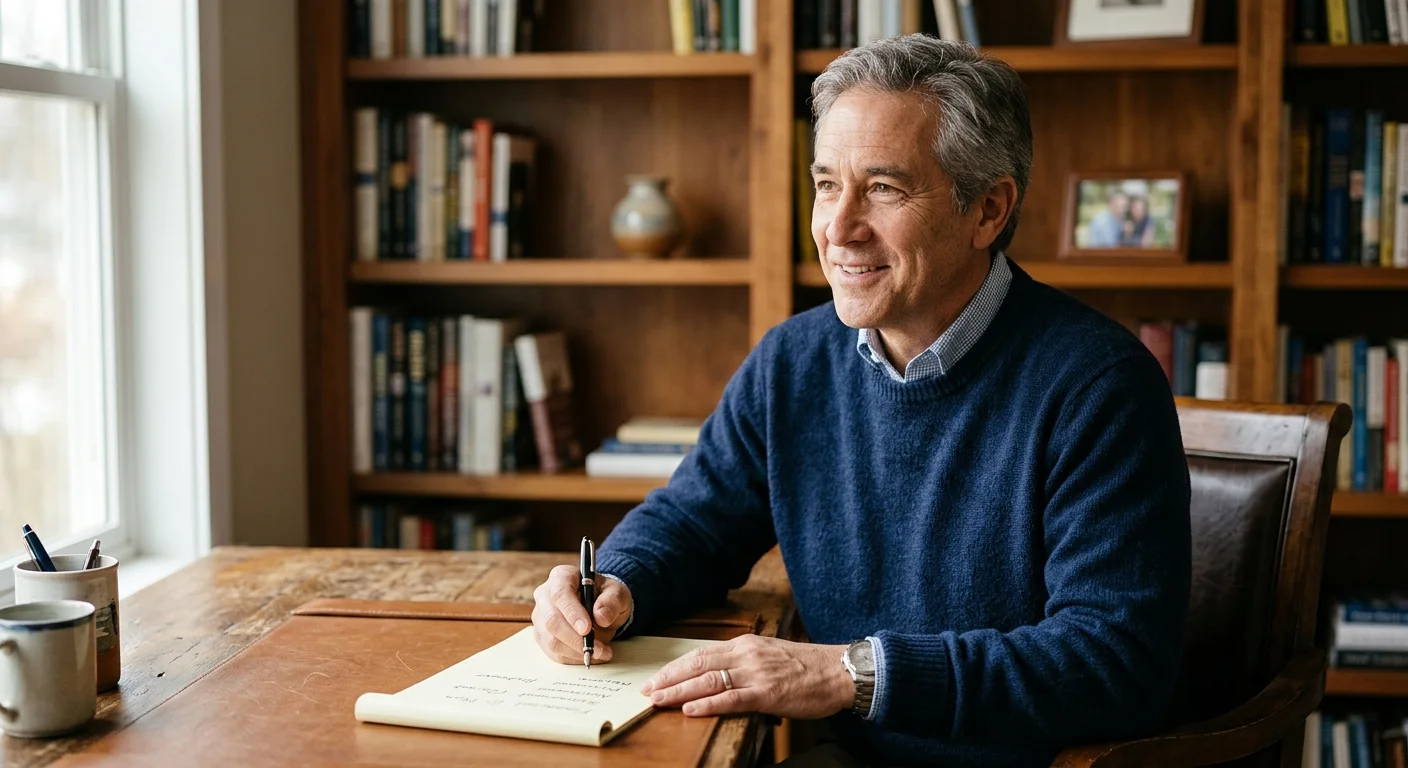 An approachable male financial advisor in a casual sweater listening attentively in a warm home-office.