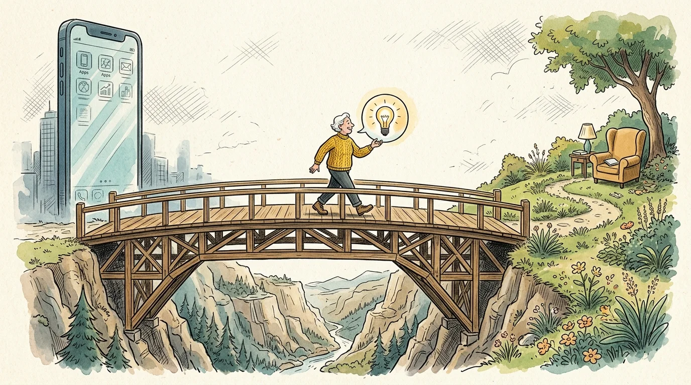 An editorial illustration of a bridge connecting a modern smartphone skyscraper to a cozy home, with an older adult walking across.