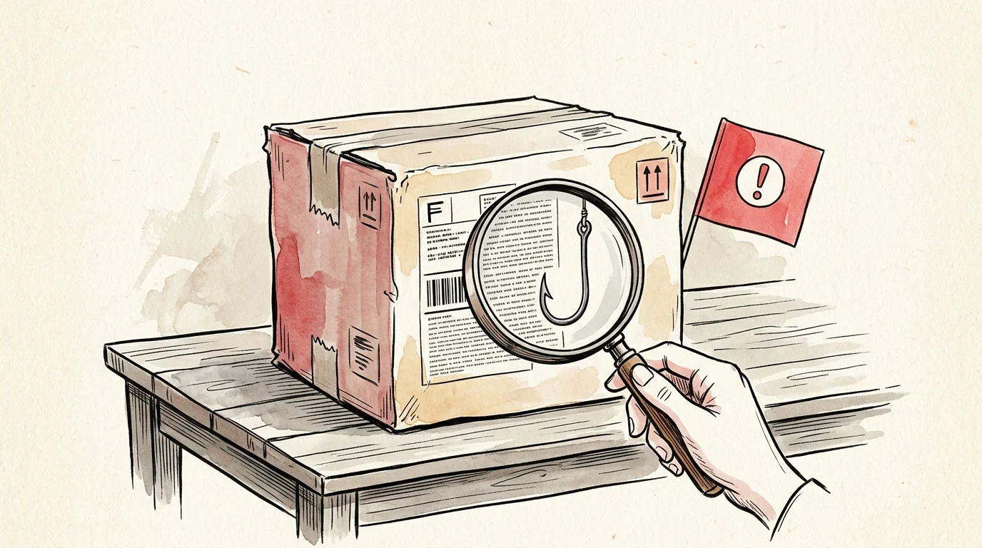 An editorial illustration of a magnifying glass inspecting a package label, revealing a hidden fishhook and a red warning flag.