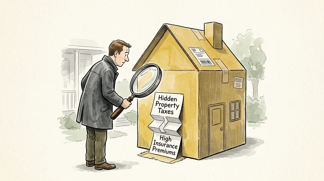 An editorial illustration of a retiree using a magnifying glass to reveal hidden costs on a house-shaped moving box.