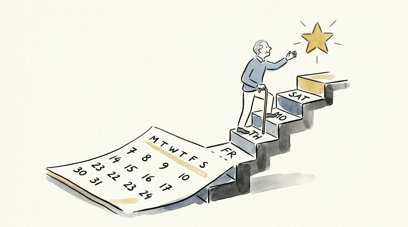 An editorial illustration of a senior climbing a calendar staircase toward a golden star, representing organized success.