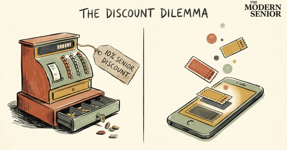 An editorial illustration showing a dusty old cash register on the left and a modern smartphone with floating digital coupons on the right.
