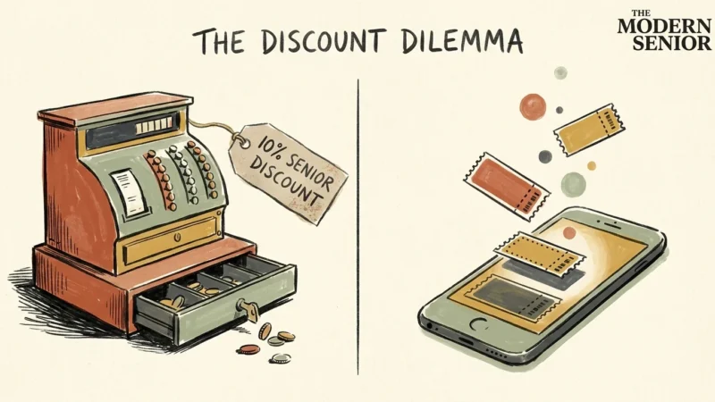 An editorial illustration showing a dusty old cash register on the left and a modern smartphone with floating digital coupons on the right.
