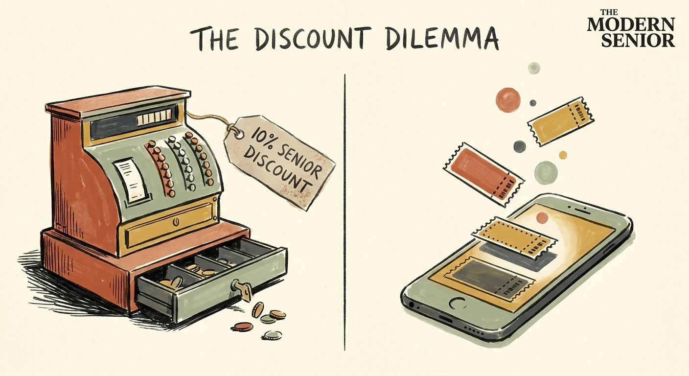 An editorial illustration showing a dusty old cash register on the left and a modern smartphone with floating digital coupons on the right.