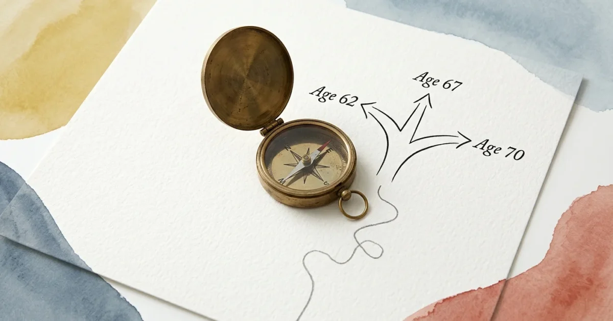 An editorial ink and watercolor illustration of a compass pointing to different retirement age milestones on a map.